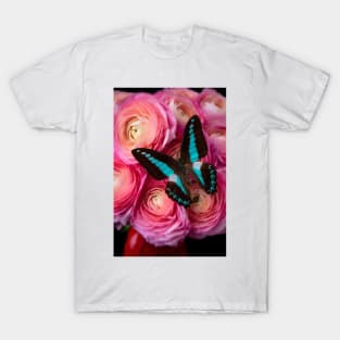 Blue Butterfly On Pink Ranunculus T-Shirt